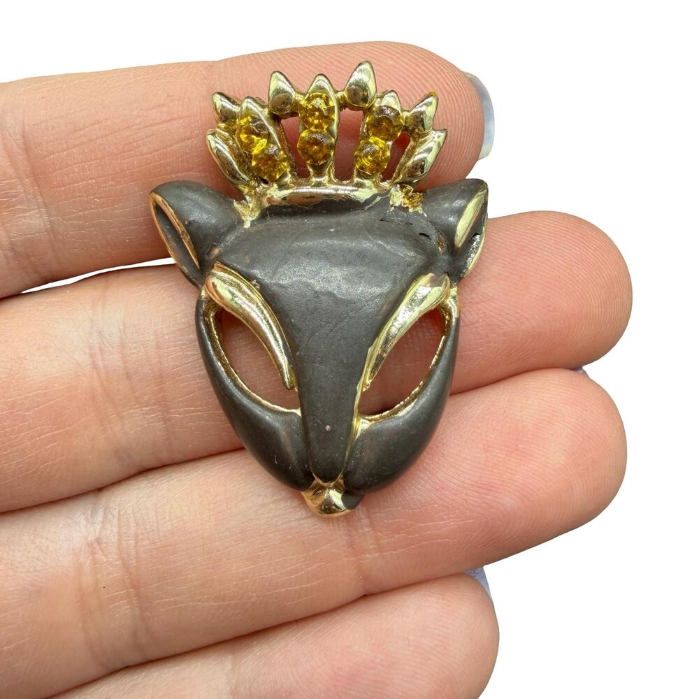 Rare 50s Cat with Rhinestone Crown Brooch Gold Tone MCM Jewelry Costume Fashion